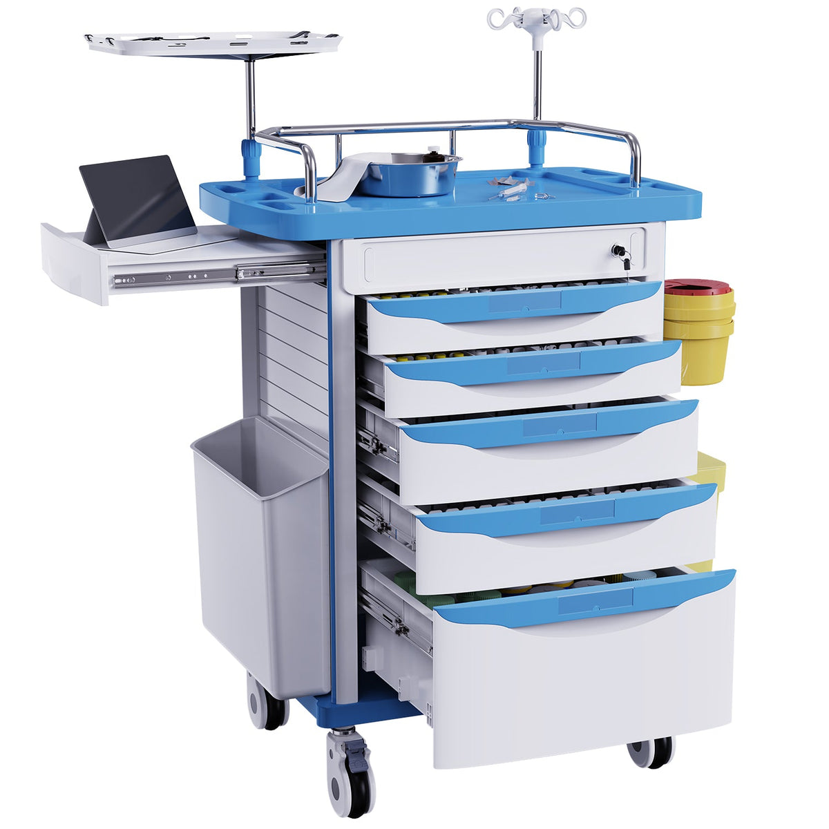 Wide-Top Rolling Crash Cart with CPR Board, Movable Socket, O2 Holder & IV Pole