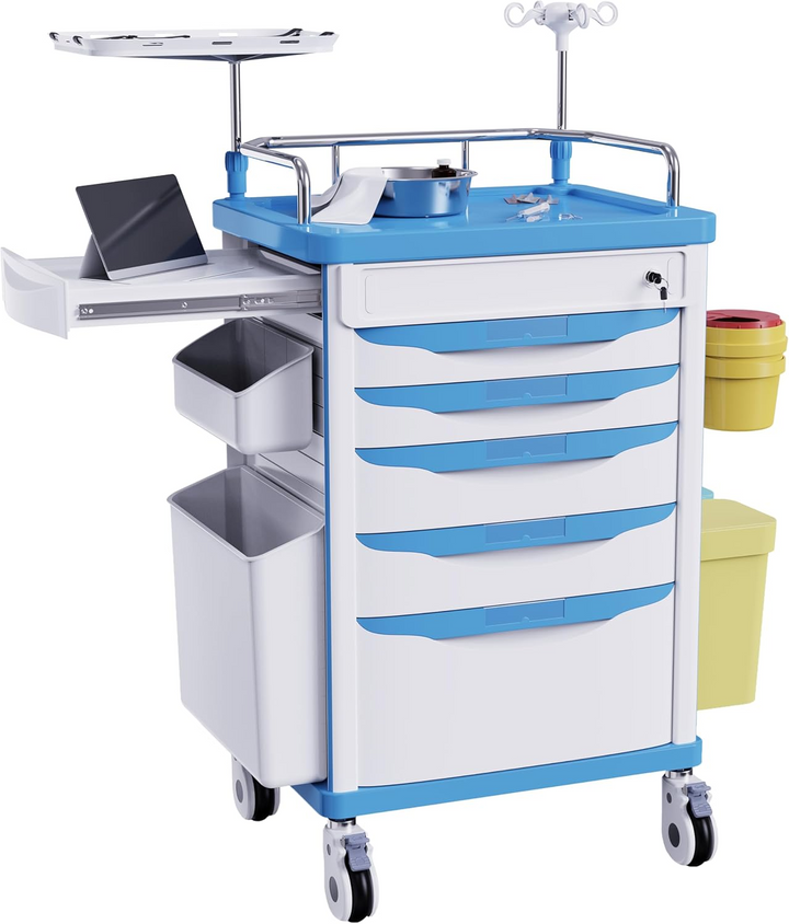 Wide-Top Rolling Crash Cart with CPR Board, Movable Socket, O2 Holder & IV Pole