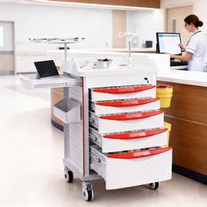 Mobile Medical Cart with 30-Divider Drawers, ID Card Slots, IV Pole & O2 Holder
