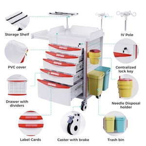 Mobile Medical Cart with 30-Divider Drawers, ID Card Slots, IV Pole & O2 Holder