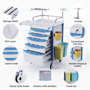 Medical Crash Cart with Wheels — 5-Drawer Storage, Adjustable IV Pole & O2 Holder