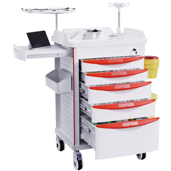 Mobile Medical Cart with 30-Divider Drawers, ID Card Slots, IV Pole & O2 Holder