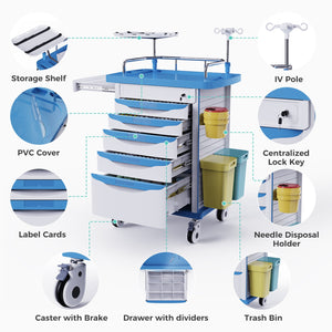Wide-Top Rolling Crash Cart with CPR Board, Movable Socket, O2 Holder & IV Pole
