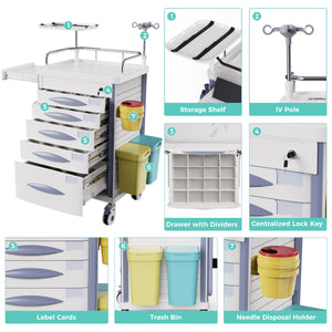 Medical Emergency Crash Cart with CPR Board — 5-Drawer Storage, IV Pole & O2 Holder