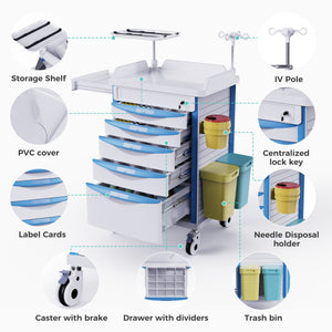 Nursing Rolling Crash Cart with Needle Disposal, Hidden Worktop & Retractable IV Pole