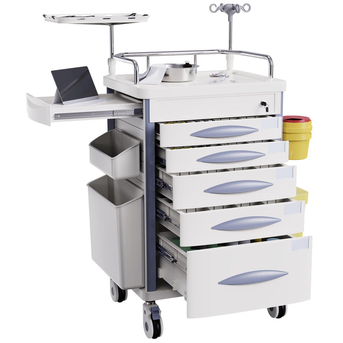 Medical Emergency Crash Cart with CPR Board — 5-Drawer Storage, IV Pole & O2 Holder