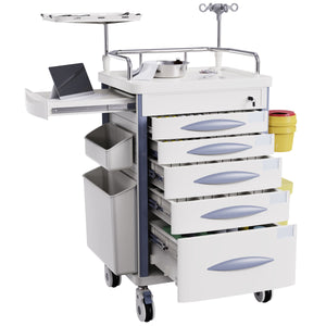 Medical Emergency Crash Cart with CPR Board — 5-Drawer Storage, IV Pole & O2 Holder