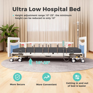 OLERN Ultra Low Hospital Bed – 10" Low Height, Wing Side Rails, Waterproof Mattress