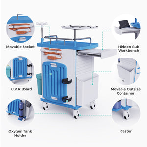 Wide-Top Rolling Crash Cart with CPR Board, Movable Socket, O2 Holder & IV Pole