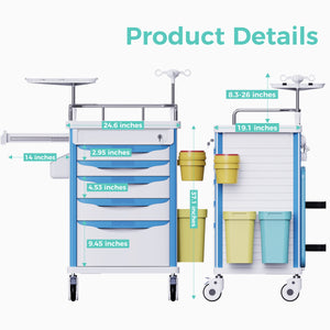 Medical Crash Cart with Wheels — 5-Drawer Storage, Adjustable IV Pole & O2 Holder