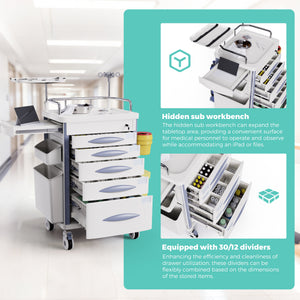 Medical Emergency Crash Cart with CPR Board — 5-Drawer Storage, IV Pole & O2 Holder