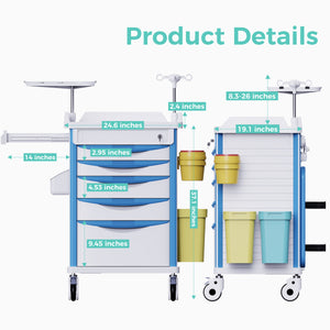 Nursing Rolling Crash Cart with Needle Disposal, Hidden Worktop & Retractable IV Pole