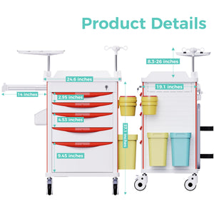 Mobile Medical Cart with 30-Divider Drawers, ID Card Slots, IV Pole & O2 Holder