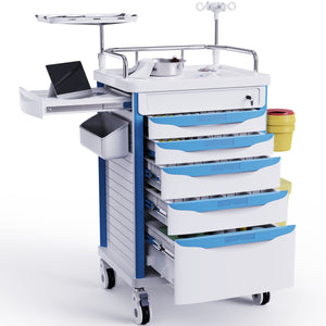 Medical Crash Cart with Wheels — 5-Drawer Storage, Adjustable IV Pole & O2 Holder