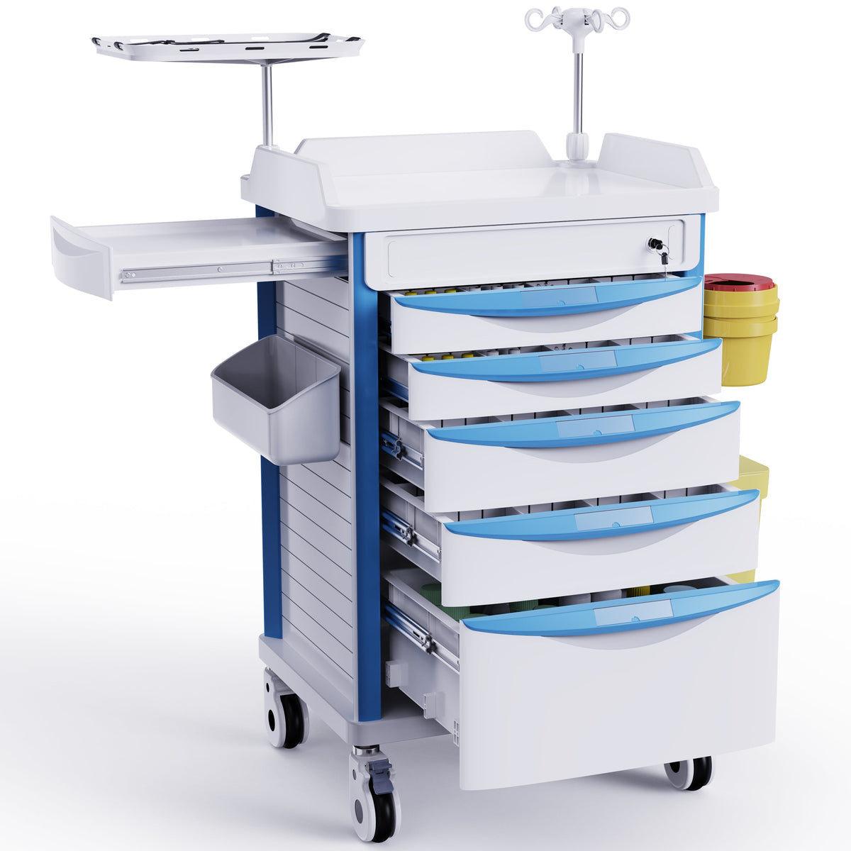 Nursing Rolling Crash Cart with Needle Disposal, Hidden Worktop & Retractable IV Pole
