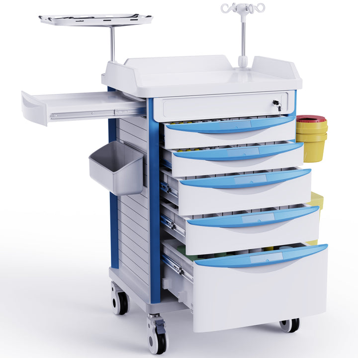 Nursing Rolling Crash Cart with Needle Disposal, Hidden Worktop & Retractable IV Pole