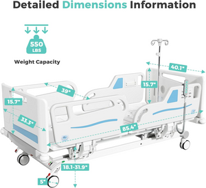 OLERN 5 Function Full Electric Hospital Bed with Wing-Type Side Rails & Waterproof Mattress