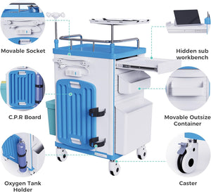 Wide-Top Rolling Crash Cart with CPR Board, Movable Socket, O2 Holder & IV Pole