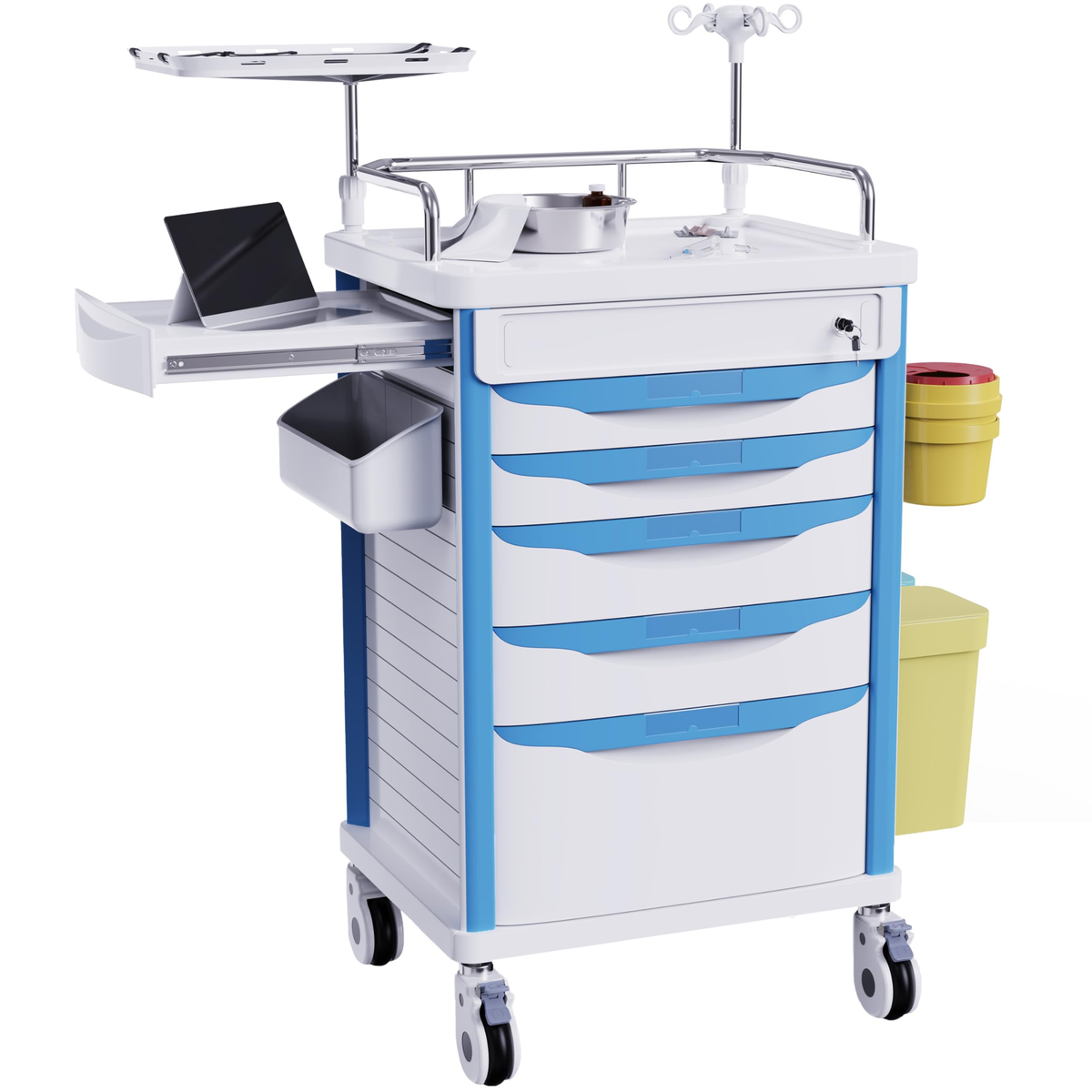 Medical Crash Cart with Wheels — 5-Drawer Storage, Adjustable IV Pole & O2 Holder